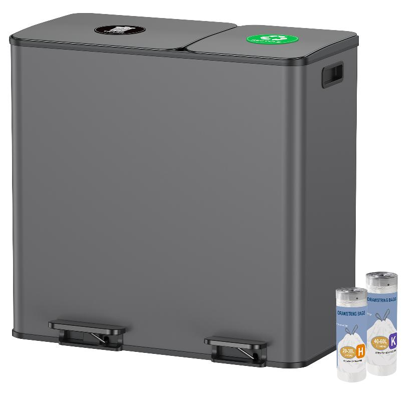 80L Dual Compartment Kitchen Step Trash Can (50L+30L / 21 Gallon) - Large Asymmetric Recycling Bin with Custom-Fit Drawstring Bags, Independent Lids and Pedals, Waste Sorting Garbage Bin for Home Office