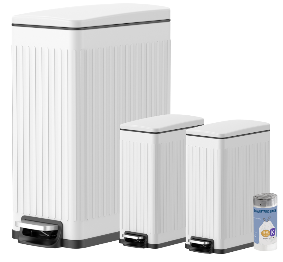 3-Piece Slim Fluted Kitchen & Bathroom Step Trash Can Set - Matte White Modern Roman Ribbed Garbage Bins with Foot Pedals, Soft-Close Lids & Bonus Custom-Fit Drawstring Bags, Complete Home Waste Station Bundle